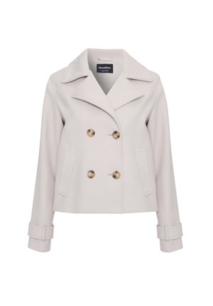 Cappotto grigio chiaro con grandi bottoni marroni, colletto a punta, design doppiopetto e tasche laterali. Presenta dettagli sui polsini.