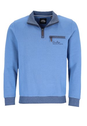 Hellblauer Langarmpullover mit Viertelreißverschluss, dunkler blauem Kragen, Bündchen, Saum und Reißverschlusstasche an der Brust mit Logo-Stickerei.