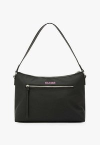 Borsa a spalla nera in nylon con chiusura a zip, con una tasca frontale dotata di un logo rosa e una texture liscia. Ampio manico per un facile trasporto.