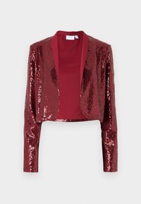 Burgundy cropped jacket with sequined texture, shawl collar, and long sleeves. Inner lining is smooth, complementing the shiny exterior.