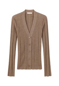 Brun, ribbad cardigan med djup V-ringning, långa ärmar och fem träknapp vid fronten. Mjuk textur och figurnära design.