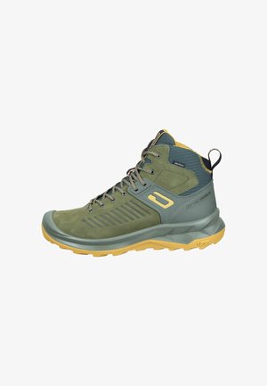 Hiking boot in dark green and gray, featuring a vibrant yellow sole, textured suede finish, and breathable mesh panels.