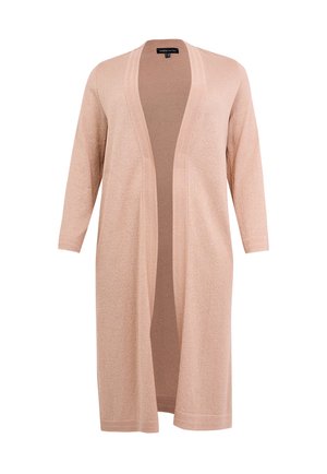 Lang cardigan med åben front i blødt, lyserødt strikket stof med trekvartlange ærmer og uden lukninger. Glat tekstur med minimalistisk design.