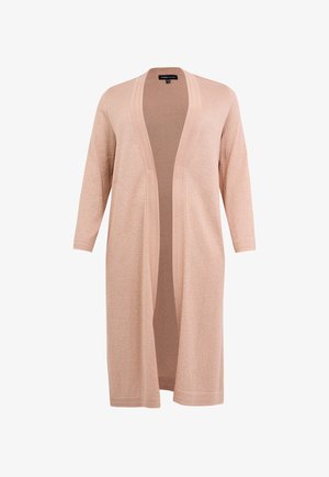 Langer, offen getragener Cardigan aus weichem, hellrosa Strickstoff mit Dreiviertelärmeln und ohne Verschlüsse. Glatte Textur mit minimalistischem Design.