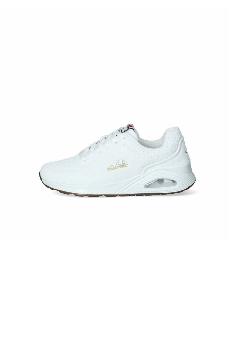 Scarpe da ginnastica bianche con una tomaia liscia, chiusura con lacci e un'unità di ammortizzazione ad aria visibile nella suola intermedia. Dettaglio del logo dorato sul lato.