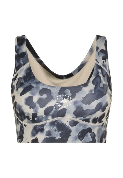 Sports bra featuring a blue, gray, and beige abstract pattern, with a scoop neckline and logo detail at the center. Stretchy material.