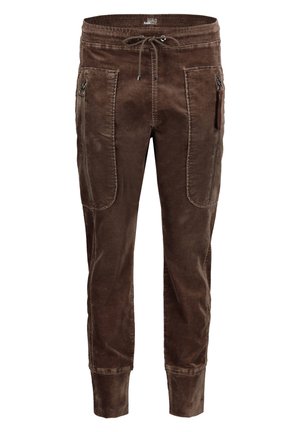 Pantalon marron en tissu doux avec ceinture élastique, cordon de serrage, grandes poches latérales zippées et bas de jambes ajustés aux chevilles.