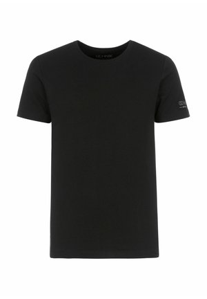 Czarna koszulka z krótkim rękawem i okrągłym dekoltem z małym logo na lewym rękawie i wewnątrz kołnierza.