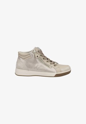 Beige High-Top-Sneaker mit perforierten Lederpaneelen, strukturierten Akzenten, einem goldfarbenen Reißverschluss und einer Gummisohle. Die Schnürsenkel sorgen für einen sicheren Halt.