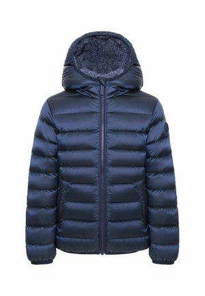 Veste d'hiver matelassée bleu marine avec fermeture éclair sur le devant, capuche doublée en polaire grise douce, poches avant et poignets élastiques.