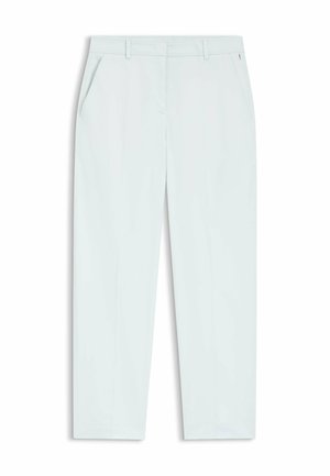 Lichtblauwe, op maat gemaakte broek met riemlussen, zijzakken, rits aan de voorkant en een recht vallende pijp.