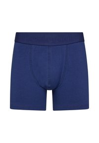 Navy blue boxer briefs made of soft cotton blend, featuring a logo waistband, elastic construction, and flat seams for comfort.