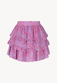 Roze rok met bloemenpatroon van katoen. Heeft drie lagen ruches, een elastische taille en een uitlopende silhouette.