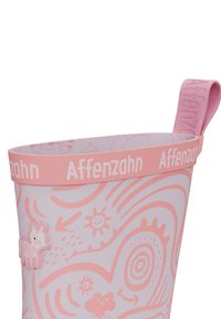 Stivale da pioggia rosa per bambini con una fascia logo bianca. Presenta motivi fantasiosi e un dettaglio 3D di unicorno sul lato. Realizzato in materiale resistente e impermeabile.