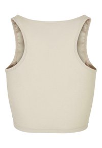 Crop top beige côtelé sans manches avec larges bretelles et encolure ronde, vu de dos.
