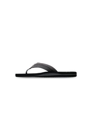 Infradito neri con cinturino grigio strutturato, dotati di una soletta sagomata e di una suola piatta nera con sottili scanalature per la presa.