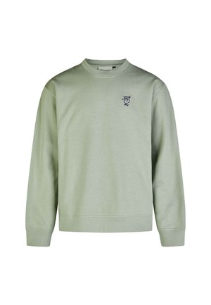Hellgrüner Sweatshirt mit langen Ärmeln, Rundhalsausschnitt und gerippten Details. Besitzt ein kleines, navyblau gesticktes Design auf der Brust.