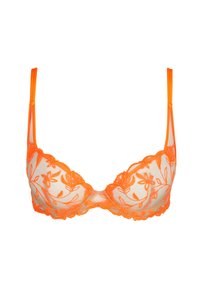 Lace oranje ondergoedbra met bloemenborduurwerk, doorschijnende mesh cups, verstelbare bandjes en gegolfde randen.