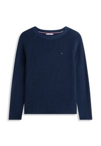 Μπλε ναυτικό ριπ πλεκτό πουλόβερ με στρογγυλή λαιμόκοψη, μανίκια ράγκλαν και μικρό λογότυπο στο στήθος. Μαλακή υφή πλεξίματος.