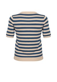 Stribet pullovertrøje med korte ærmer, med marineblå og beige vandrette striber, blød tekstur og en rund halsudskæring.