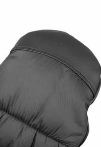 Schwarzer isolierter Handschuh mit abgerundetem oberen Ende, ausgestattet mit einem glatten Lederakzent und einer gewellten Textur im Stoffbereich.