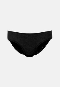 Chiloti bikini din amestec de bumbac negru, cu partea frontală netedă și partea din spate din dantelă texturată, având margini ondulate și design cu talie joasă.