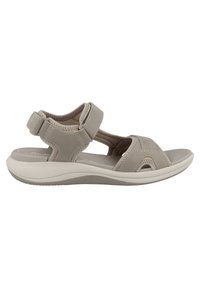 Beige sandaler med justerbara remmar, vadderad sula och en flexibel sula. Har sömdekorationer och en ergonomisk design.