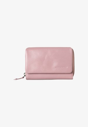 Pink leather wallet with a smooth texture, zippered closure, and a flap. Features minimal branding on the front. Compact design.