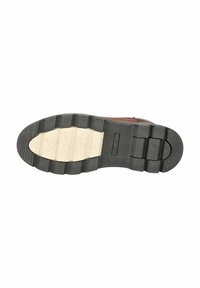 Zapato de cuero marrón con suela de goma negra, que presenta un diseño texturizado y una entresuela de color crema. Talla 42 grabada en la suela.