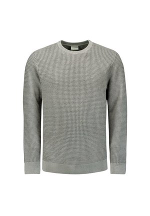 Grijze gepatineerde gebreide trui met een ronde hals, lange mouwen en ribbels aan de onderkant. De stof heeft een geweven patroon door het hele kledingstuk.