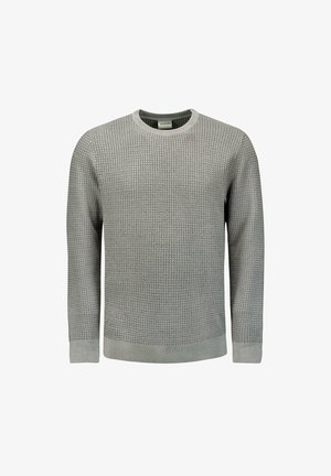 Grijze gepatineerde gebreide trui met een ronde hals, lange mouwen en ribbels aan de onderkant. De stof heeft een geweven patroon door het hele kledingstuk.