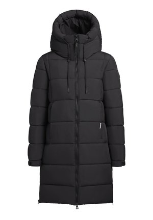 Manteau en duvet noir avec capuche, pr�ésentant un design matelassé, une fermeture éclair à l'avant, des cordons de serrage réglables et des poches latérales pour une fonctionnalité accrue.