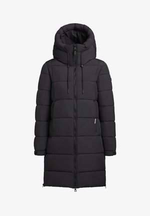 Manteau en duvet noir avec capuche, présentant un design matelassé, une fermeture éclair à l'avant, des cordons de serrage réglables et des poches latérales pour une fonctionnalité accrue.