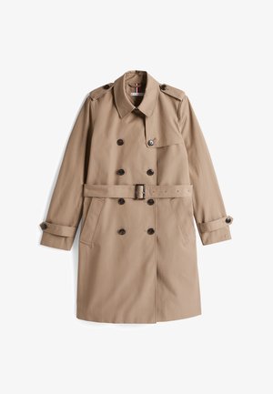 Beige Trenchcoat aus glattem Stoff, mit doppelter Knopfleiste, tailliertem Gürtel, zwei Vordertaschen und knöpfbaren Manschetten.