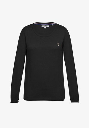 Černý svetr s dlouhým rukávem, vyrobený z pleteniny, s kulatým výstřihem a malým vyšitým logem na levé hrudi.