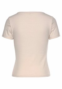 Epämuodollinen, vaalean beige, lyhythihaine ribbipaita, jossa on pyöreä kaula-aukko, istuva malli ja sileä pinta. Ei näkyviä yksityiskohtia tai kuvioita.