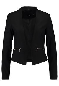 Musta bleiseri, jossa istuva leikkaus, lovettu kaulus ja kaksi vetoketjulla suljettavaa etutaskua. Valmistettu sileästä kankaasta, siinä on pitkät hihat ja jäsennelty muotoilu.