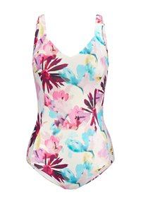 Maillot de bain une pièce floral avec un design en V. Présente des motifs floraux vibrants en rose, bleu et jaune sur un fond crème. Bretelles ajustables.