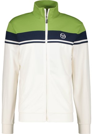 Witte zip-up jacket met groene en marineblauwe strepen. Voorzien van een hoge kraag, twee zijzakken en een logo op de linkerkant van de borst. Geweven stof.