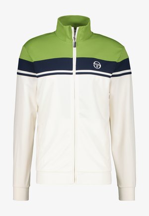 Witte zip-up jacket met groene en marineblauwe strepen. Voorzien van een hoge kraag, twee zijzakken en een logo op de linkerkant van de borst. Geweven stof.