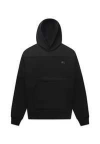 Sudadera negra con un yugo de malla texturada, bolsillo canguro, capucha con cordón y un logo hexagonal bordado en el pecho.