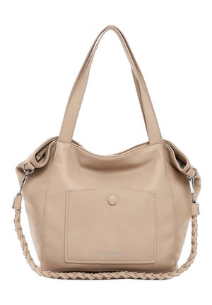 Sac cabas en cuir beige avec deux bretelles, poche avant à pression et bandoulière tressée amovible avec fermoirs argentés.