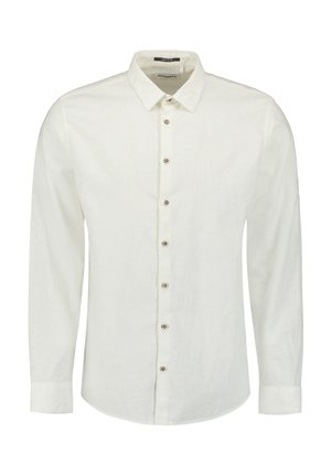 Witte lange mouwen shirt van linnen met een button-down kraag, voorzien van een voorflap met bruine knopen en rechte manchetten.