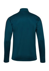Långärmad sporttröja i teal med hög krage, med en slät yta och kontrasterande svarta accenter längs axlarna.