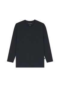 Czarna, długosleeve koszulka z miękkiego materiału, z okrągłym dekoltem i dopasowanym krojem. Metka na wewnętrznej stronie kołnierza i mała metka na dolnym brzegu.