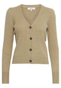 Cardigan côtelé beige présentant un col en V, des manches longues et cinq boutonnières avec des boutons marron foncé. Tissu en tricot doux.