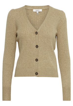 Beige gerippter Cardigan mit V-Ausschnitt, langen Ärmeln und fünf Knopfverschlüssen mit dunkelbraunen Knöpfen. Weiches Strickmaterial.