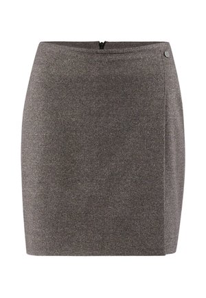 Grijze, aansluitende rok met een gladde textuur, getextureerde stof, zijrits en een kleine metalen accent op de tailleband.