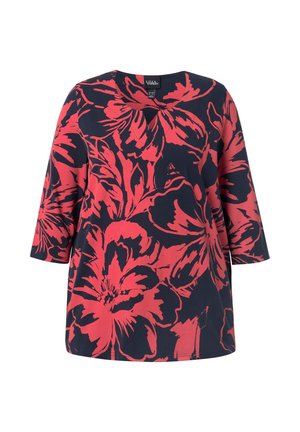 Florale Tunika in Marineblau mit großem roten Blumenmuster, runder Ausschnitt und Dreiviertelärmeln. Hergestellt aus leichtem, glattem Stoff.