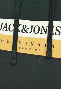 Žalias džemperis su raišteliu, pasižymintis geltona ir balta horizontalia juosta per krūtinę, ant kurios juodomis didžiosiomis raidėmis yra užrašyta "JACK & JONES".